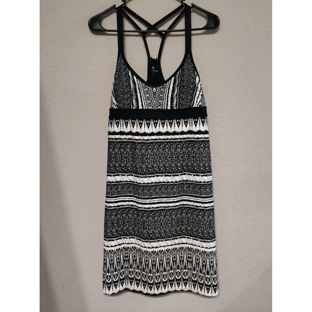 Athleta Printed Coastline Swim Dress Black White Large w/Removable Pads